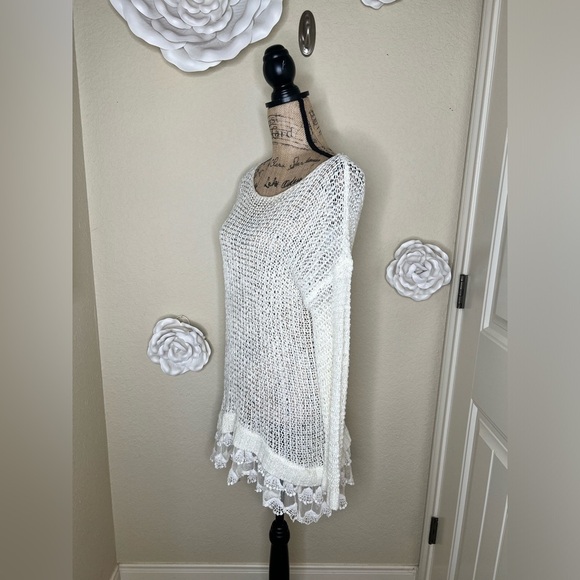 NTM: Entro Open Weave Knit Crochet Layered Lace Cream Tunic Sweater Sz M - Picture 8 of 16
